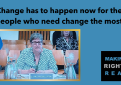 Title: “Change has to happen now for the people who need change the most”. There is a picture of MRR's Director, Clare MacGillivray