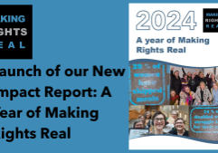 Launch of our New Impact Report: A Year of Making Rights Real. There is an image of the cover of the report showing women's faces and quotes written in chalk on a sidewalk. One quote says, "29% of women have skipped meals," the other says, "74% of all disabled women struggle to pay for their energy."